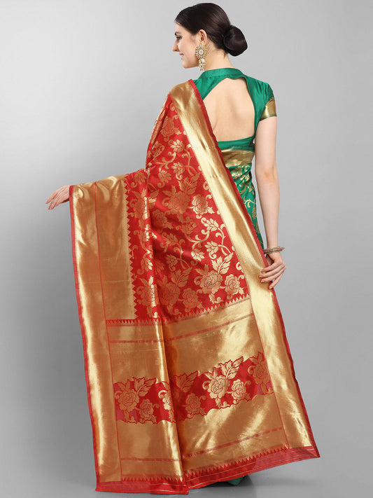Kalini Red & Green Floral Zari Silk Blend Banarasi Saree | Swadesiicart