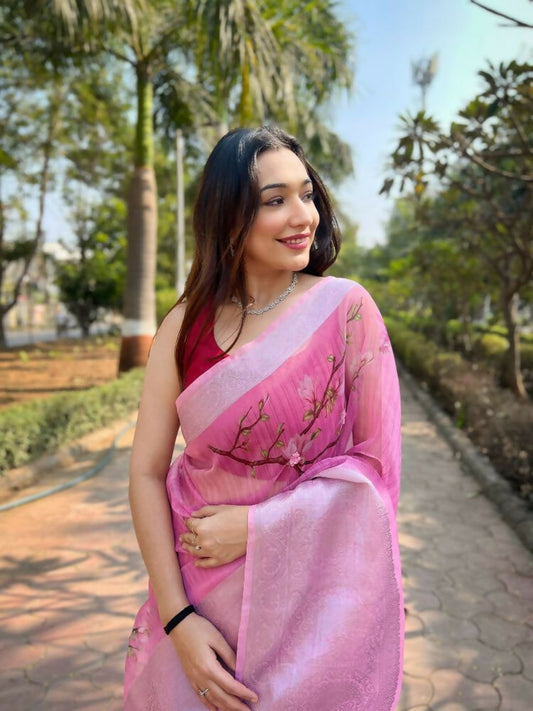 Vamsee Mehar Peach Organza Saree - Swadesiicart