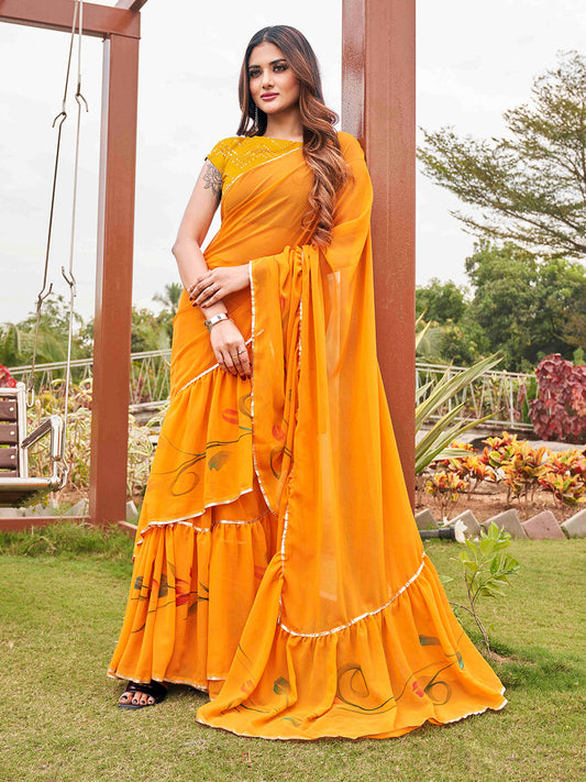 Tikhi Imli Mustard Yellow Gotta Patti Ruffles Saree | Swadesiicart