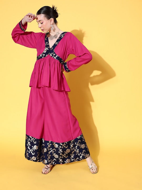InWeave Women's Fuchsia Blue Brocade Mughal Shaan Kurta Palazzo Set - Swadesiicart