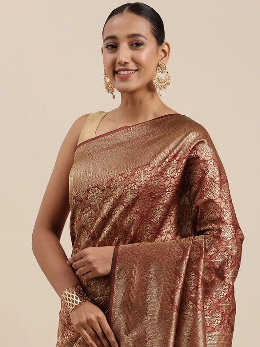 Kalini Maroon & Golden Ethnic Motifs Woven Design Banarasi Saree | Swadesiicart