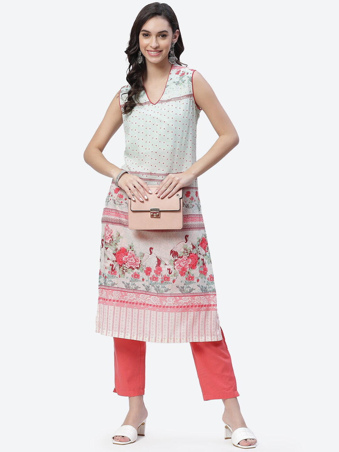 Biba Women Green Floral Printed Thread Work Kurta - Swadesiicart