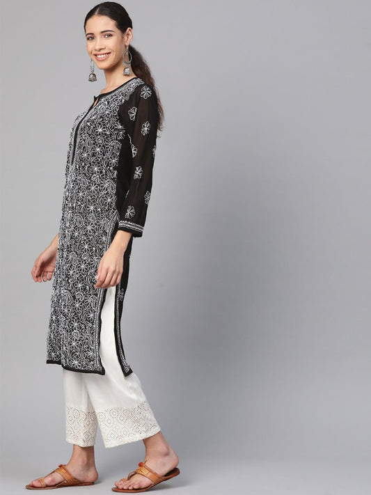 ADA Women Black & White Chikankari Hand Embroidered Semi-Sheer Straight Sustainable Handloom Kurta | Swadesiicart