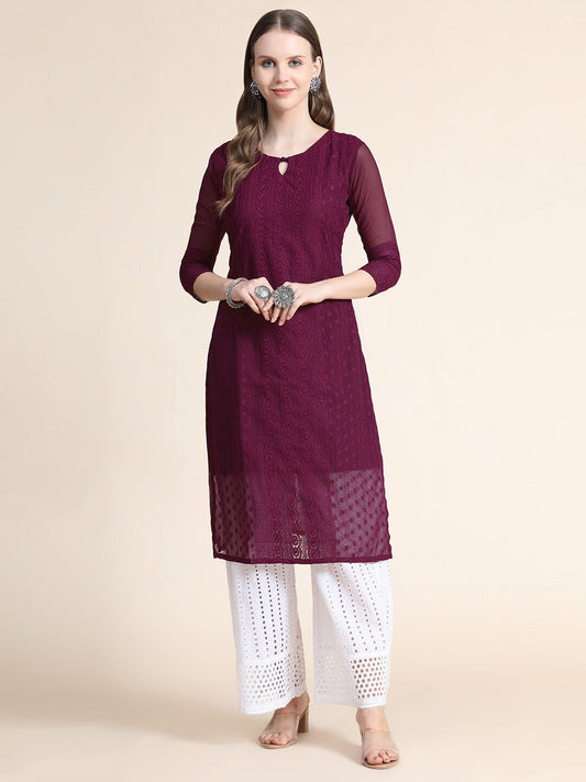 Kalini Women Burgundy Ethnic Motifs Chikankari Kurta | Swadesiicart