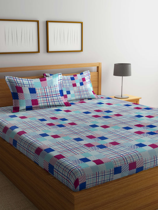 BOMBAY DYEING Marigold Blue Geometric Cotton 104 TC King Bedsheet With 2 Pillow Covers - Swadesiicart