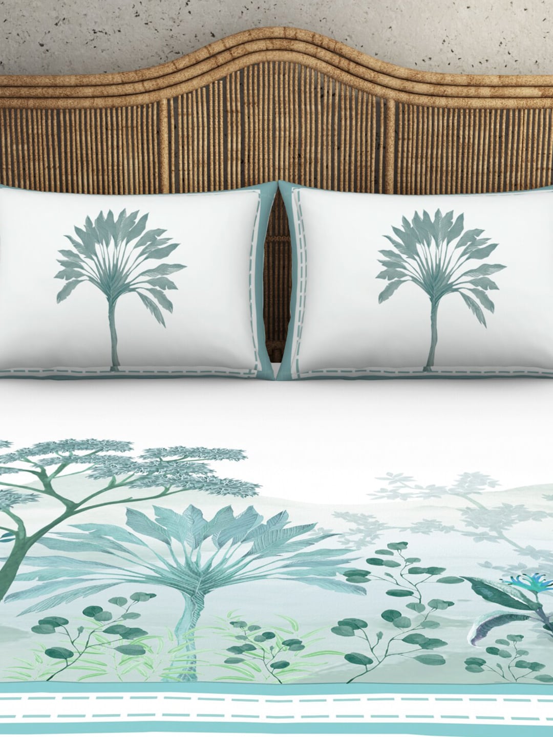 SPACES Kalakari Haath Teal Green Print Pure Cotton 210 TC King Bedsheet & 2 Pillow Covers - Swadesiicart