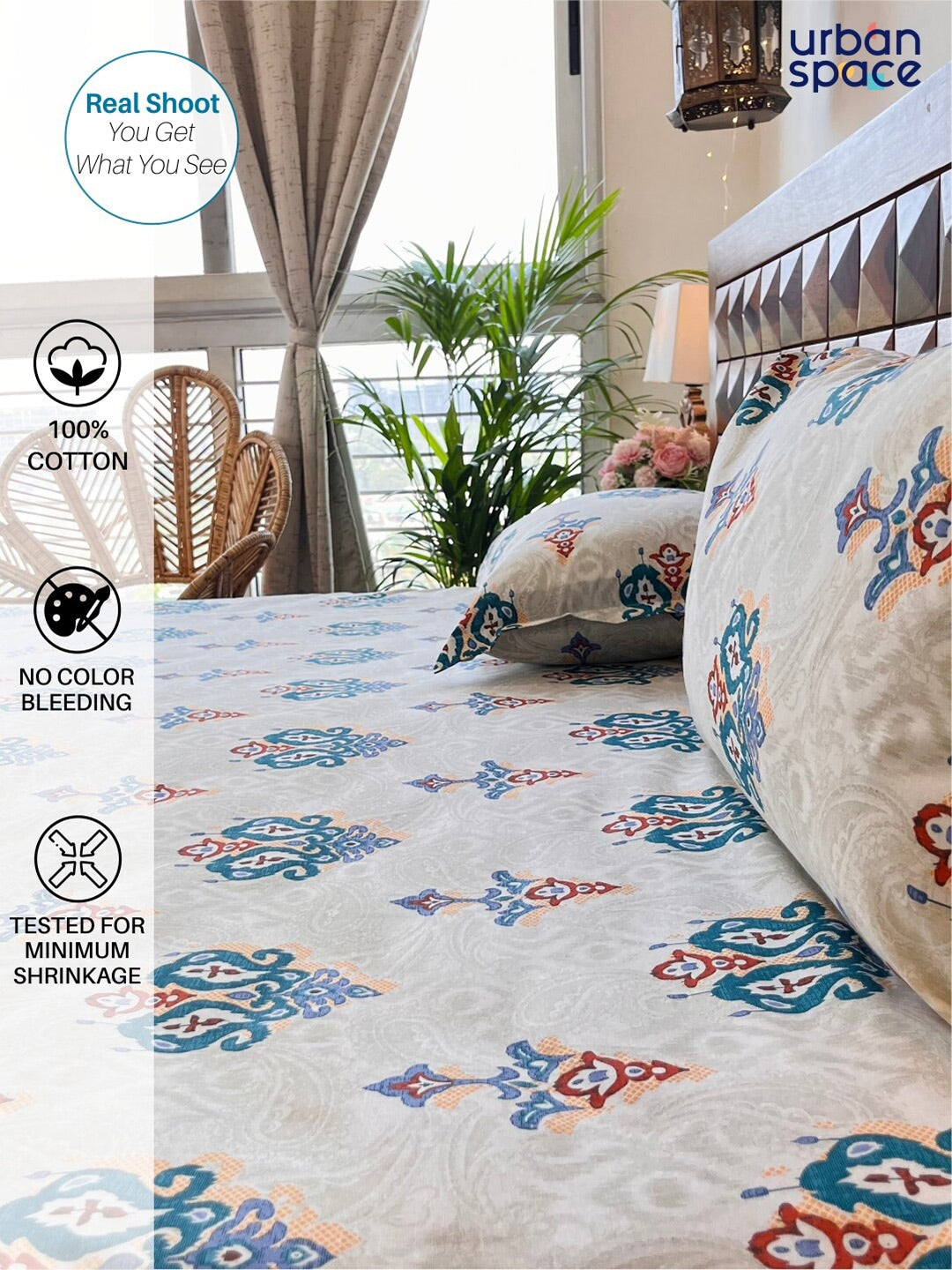 URBAN SPACE Divine White Ethnic Motifs 144 TC Cotton Queen Bedsheet & 2 Pillow Covers - Swadesiicart