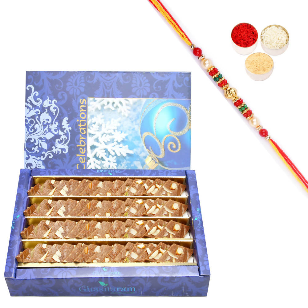 Ghasitaram Chocolate Kaju Katli With Pearl Beads Rakhi | Swadesiicart