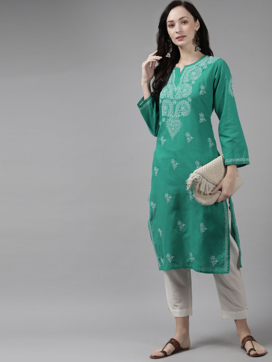 ADA Women Green & White Ethnic Motifs Hand Embroidered Chikankari Handloom Kurta | Swadesiicart