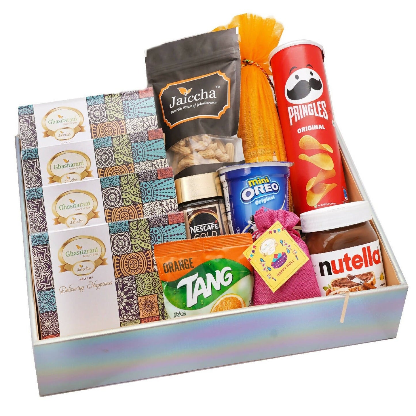 Ghasitaram Colourful Hamper Basket of Holi Goodies | Swadesiicart