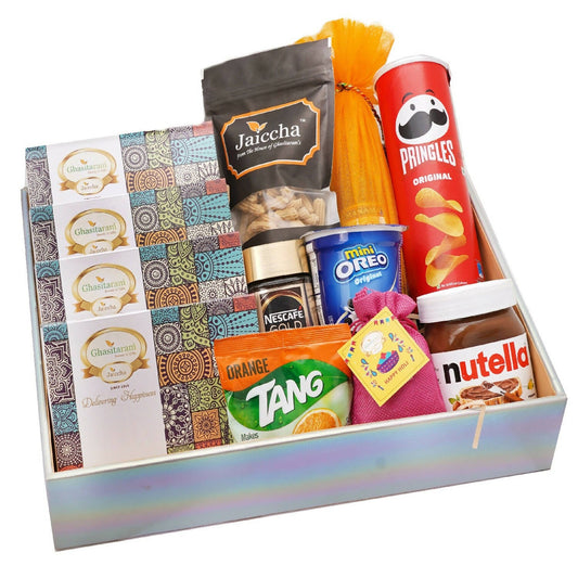 Ghasitaram Colourful Hamper Basket of Holi Goodies | Swadesiicart