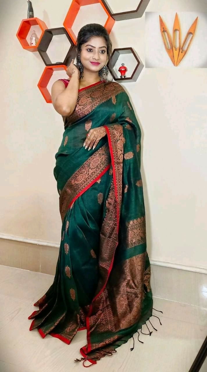 Exclusive Collection Beautiful Linen Banarashi Green Pure Cotton Handloom Saree With Running Blouse Piece - Swadesiicart