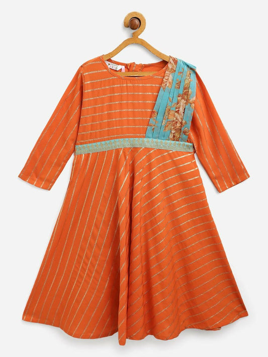 Ahalyaa Orange Crepe Gold Striped Printed Kids Dress Kurta With Attached Dupatta For Girls | Swadesiicart