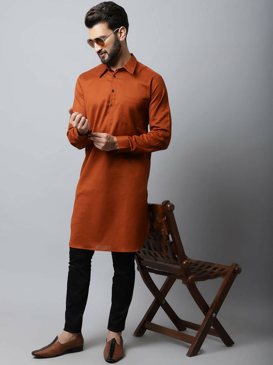 Even Apparels Brown Color Pure Cotton Solid Men's Kurta With Shirt Collar (SLD1137) | Swadesiicart