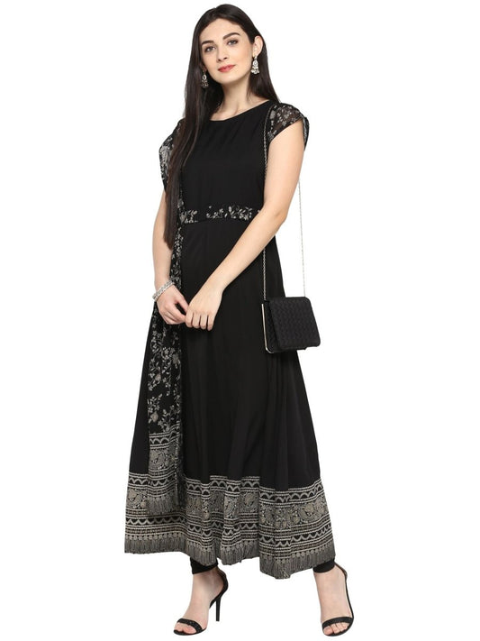 Ahalyaa Women's Black Crepe Printed Kurta With Attached Dupatta | Swadesiicart