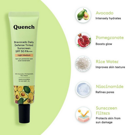 Quench Vitamin E Tinted SPF 50 Sunscreen PA+++ with both Mineral & Chemical Actives (Light Medium) | Swadesiicart