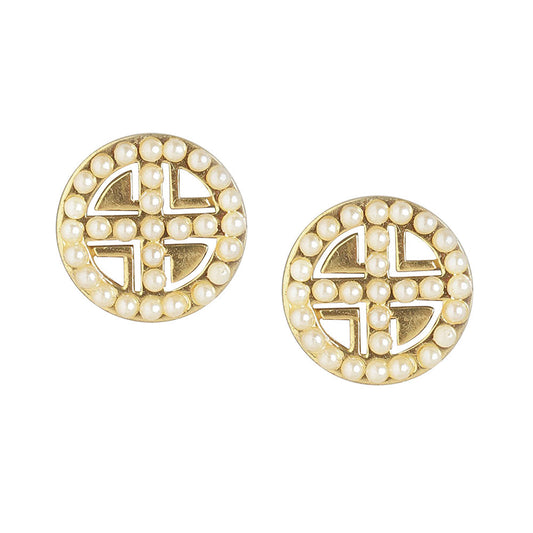 Women'S Brass Gold-Polished & White Circular Studs Earrings - Wahe Jewels - Swadesiicart