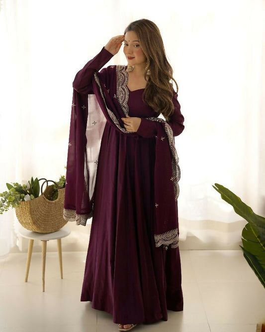 Joban Fashion Wine Kurta Set Chanderi Sequence Embroidery Work