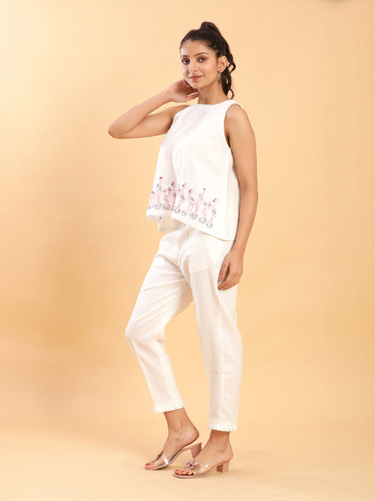 BohoJazz Flamingo Embroidered Linen Co-ord Set - Swadesiicart