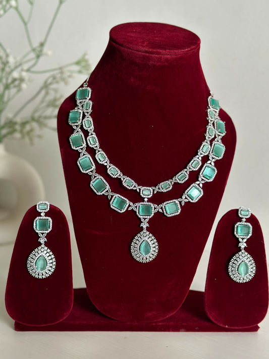 Mint Green American Diamond Two Layer Elegent Necklace Set With Earrings By House of Ree - Swadesiicart