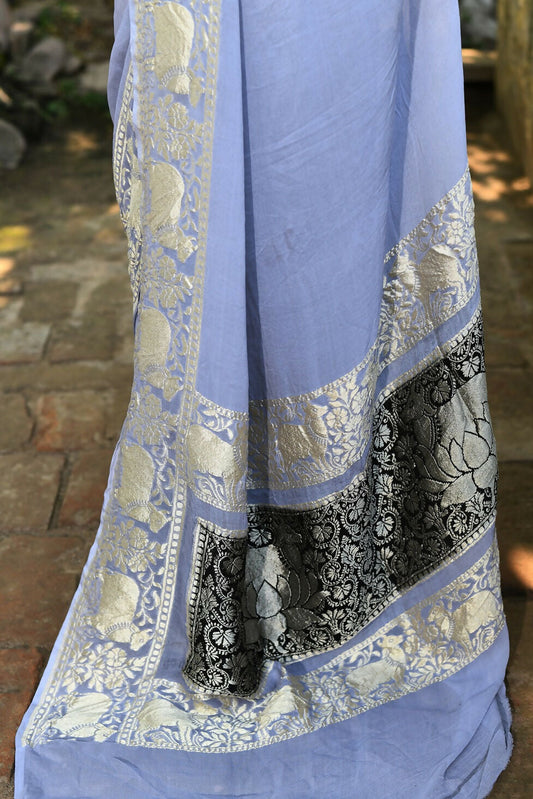 Joban Fashion Silver Crepe Chiffon Pure Handloom Banarasi Silk Saree | Swadesiicart