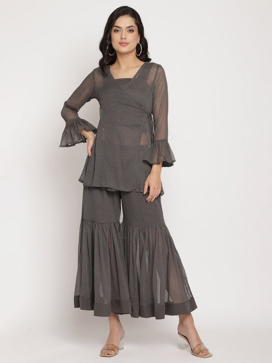 Ahalyaa Women Charcoal Grey Poly Chiffon Angrakha Kurta with Inner & Sharara | Swadesiicart