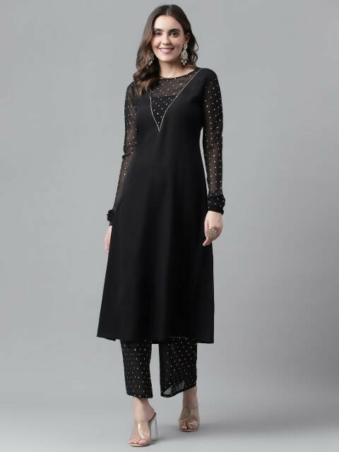 FIORRA Women's Black Poly Crepe A-Line Kurta Set - Swadesiicart