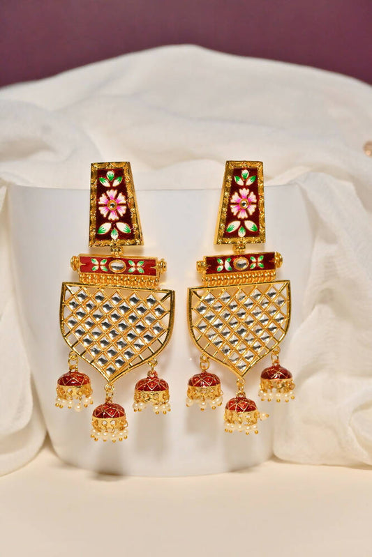 Traditional Gold-Polished Meenakari Maroon Jhumka Jhumki Earrings By House of Ree - House of Ree