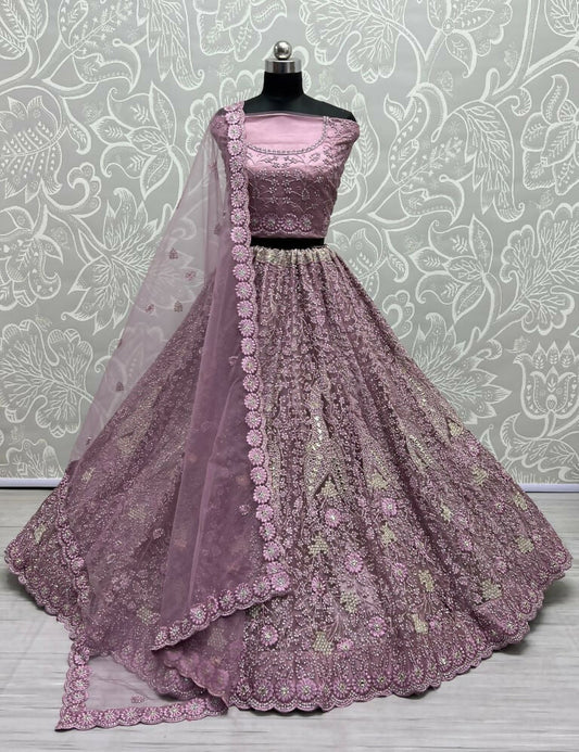 Jyoti Fashion Women's Pyazi Bridal Net Fancy Dori, Multi Thread, Hand Mirror and Diamond Work Wedding Lehenga Choli | Swadesiicart