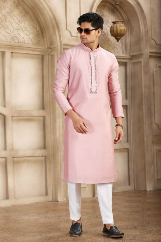 Raivat Ethnic Banarasi Art Silk Mirror Work Kurta Pajama In Dark Pink Colour | Swadesiicart