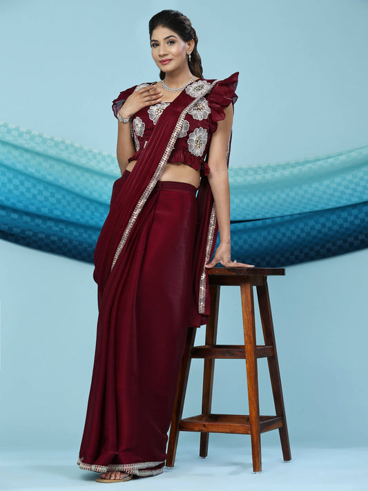 Maroon Silk Satin Sequence Work Ready to Wear Saree with stitched Blouse - Nirvana | Swadesiicart