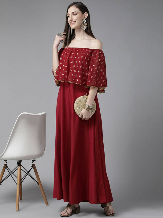 Ahalyaa Womens Maroon Cotton Blend Gold Printed Dress | Swadesiicart