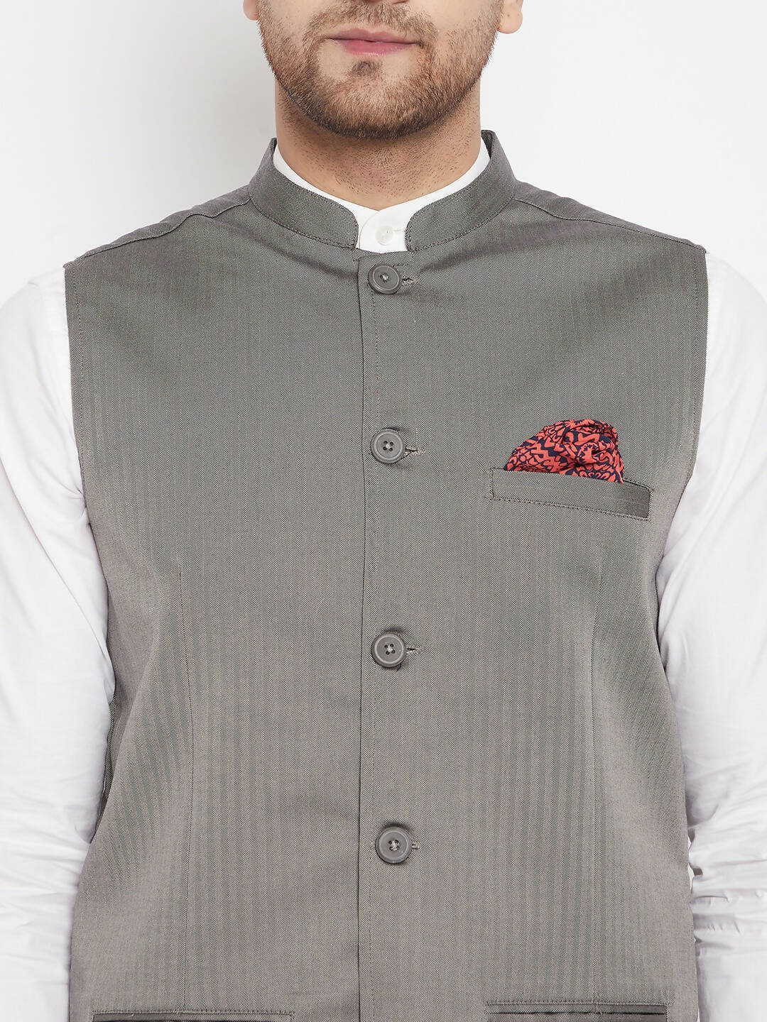 Even Apparels Grey Polyester Men's Nehru Jacket-Contrast Lining-Inbuilt Pocket Square | Swadesiicart