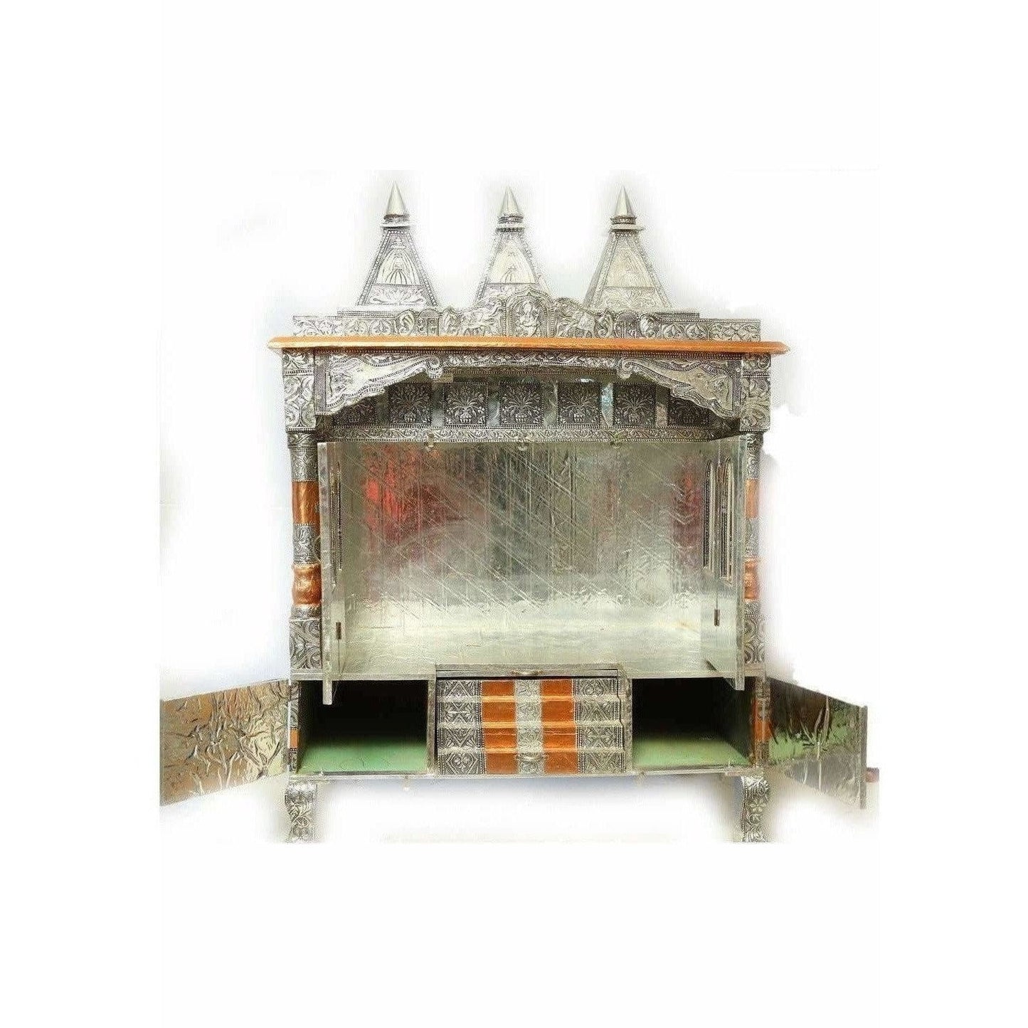Silver Coated 4 Door with 3 Monument Towers Silver Pooja Mandir / Silver Pooja Mandiram - Swadesiicart