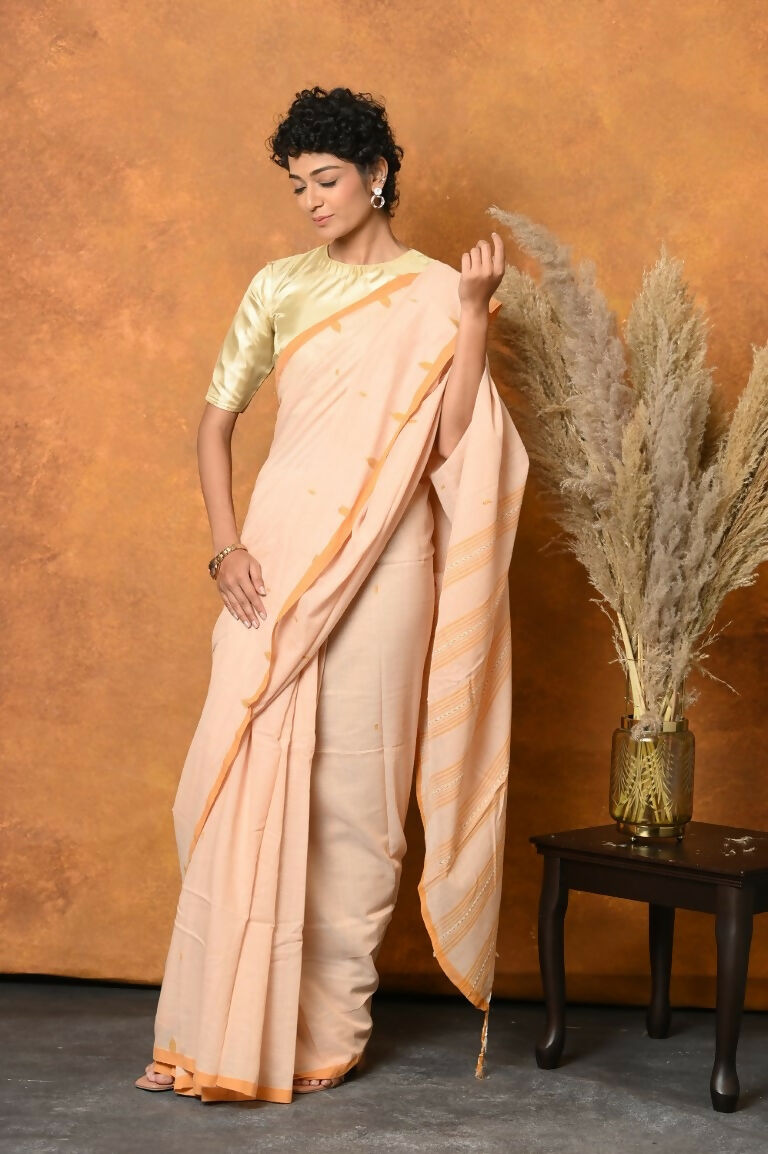 Very Much Indian Handloom Pure Cotton Saree With Sleek Border - Light Peach | Swadesiicart