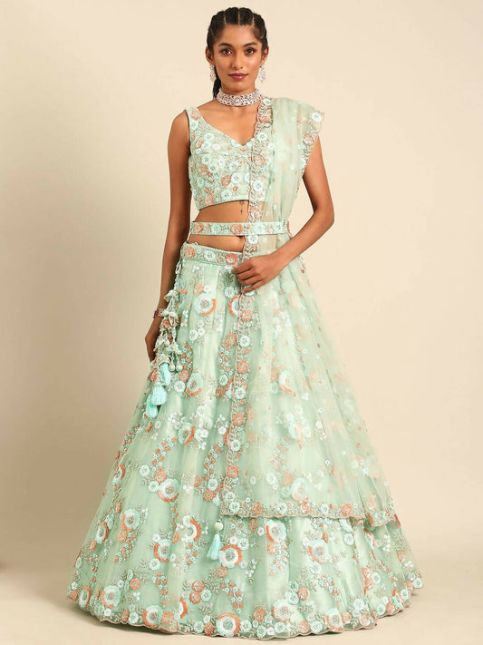 House of Panchhi Sea Green Net Sequins and Zarkan embroidery Lehenga choli & Dupatta