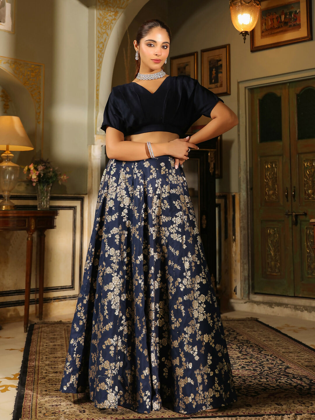 Janasya Navy Blue Silk Blend Solid Lehenga Choli | Swadesiicart