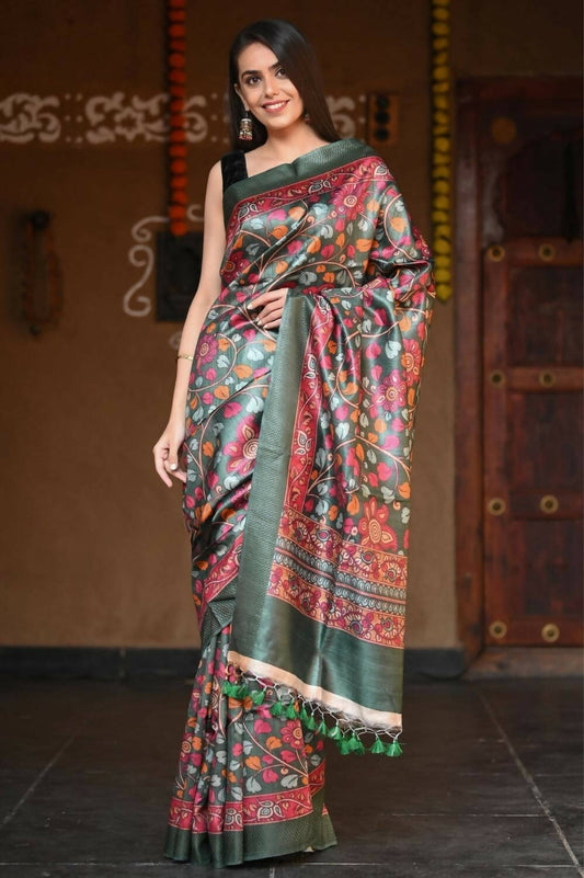 Very Much Indian Handloom Pure Tussar Silk With Floral Prints - Green | Swadesiicart