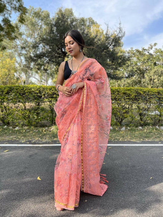 Vamsee Golden Patti Peach Organza Saree - Swadesiicart