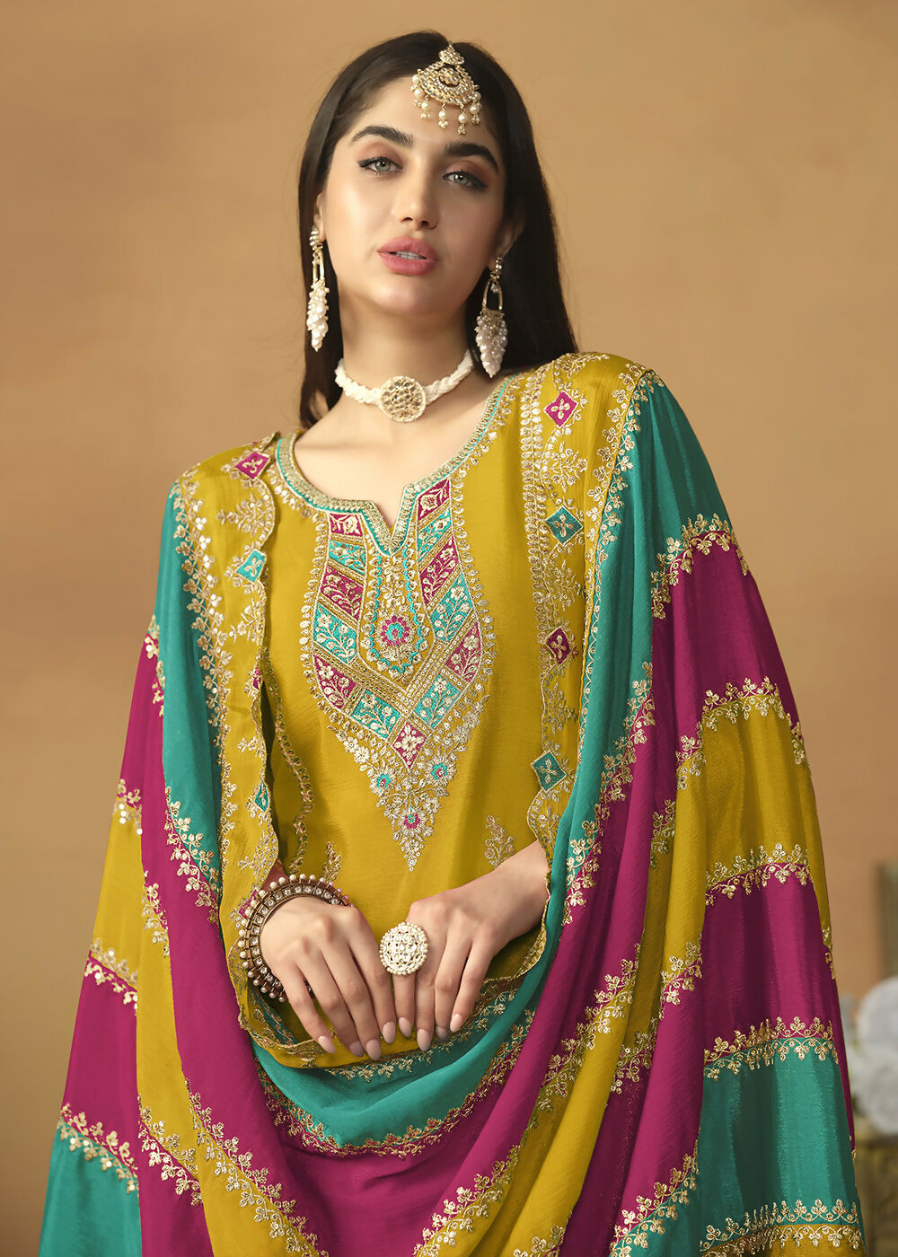 Chinnon Silk Yellow Salwar Suit with Multicolor Dupatta - Emponline | Swadesiicart