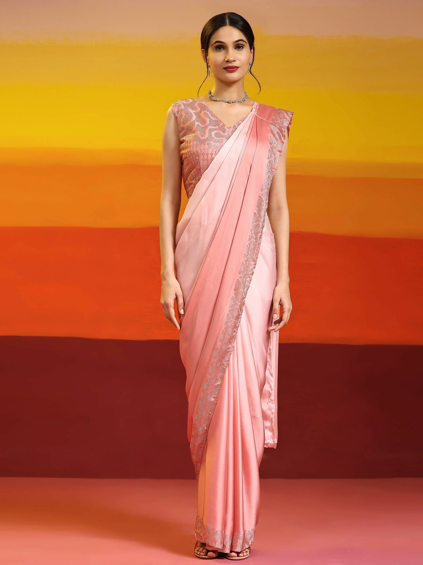 Peach Ombre Satin Georgette Plain Ready to wear Saree with stitched Blouse - Vrinda | Swadesiicart