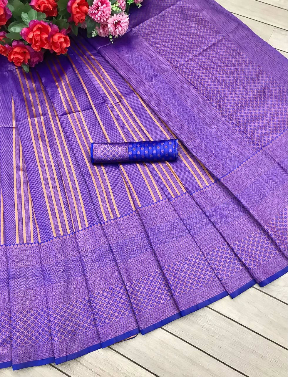 DEIANA'S Beautiful Designer Golden zari Soft Lichi Silk Saree - Royal Blue - Swadesiicart