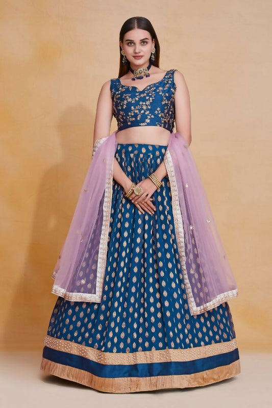Teal Blue Zari Weaving Work Georgette Banarasi Lehenga Choli - Jihu Culture | Swadesiicart