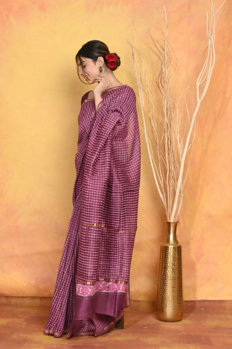 Very Much Indian Chanderi Natural Dye Handblock Printed Saree - Mauve | Swadesiicart