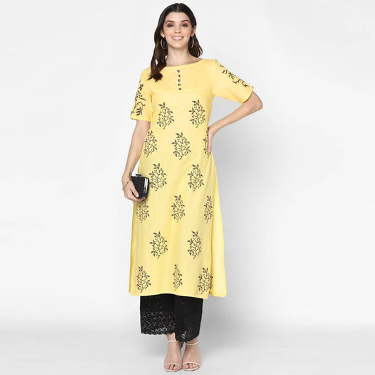 Cheera Hand Block Print Pale Yellow Straight Kurta (MAAI-056K) | Swadesiicart