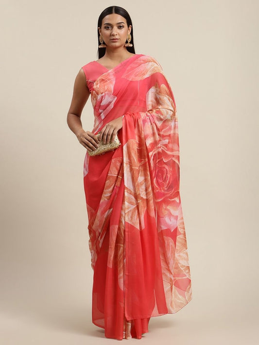 Ahalyaa Women's Pink Colour Chiffon Digital Print Floral Saree | Swadesiicart