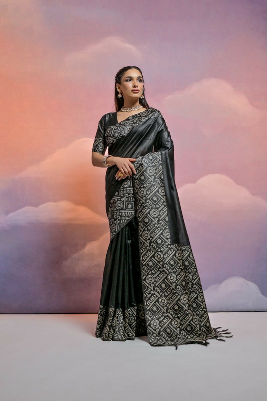 Vishnu Weaves Women's Black Handloom Raw Silk Woven Border Saree with Blouse - Swadesiicart
