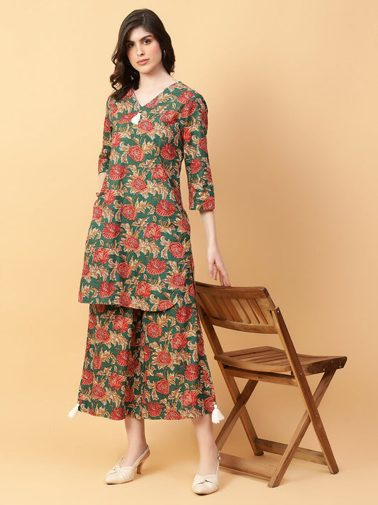 Joban Fashion Green Cotton Printed & Hand Work Co-ord Set - Swadesiicart
