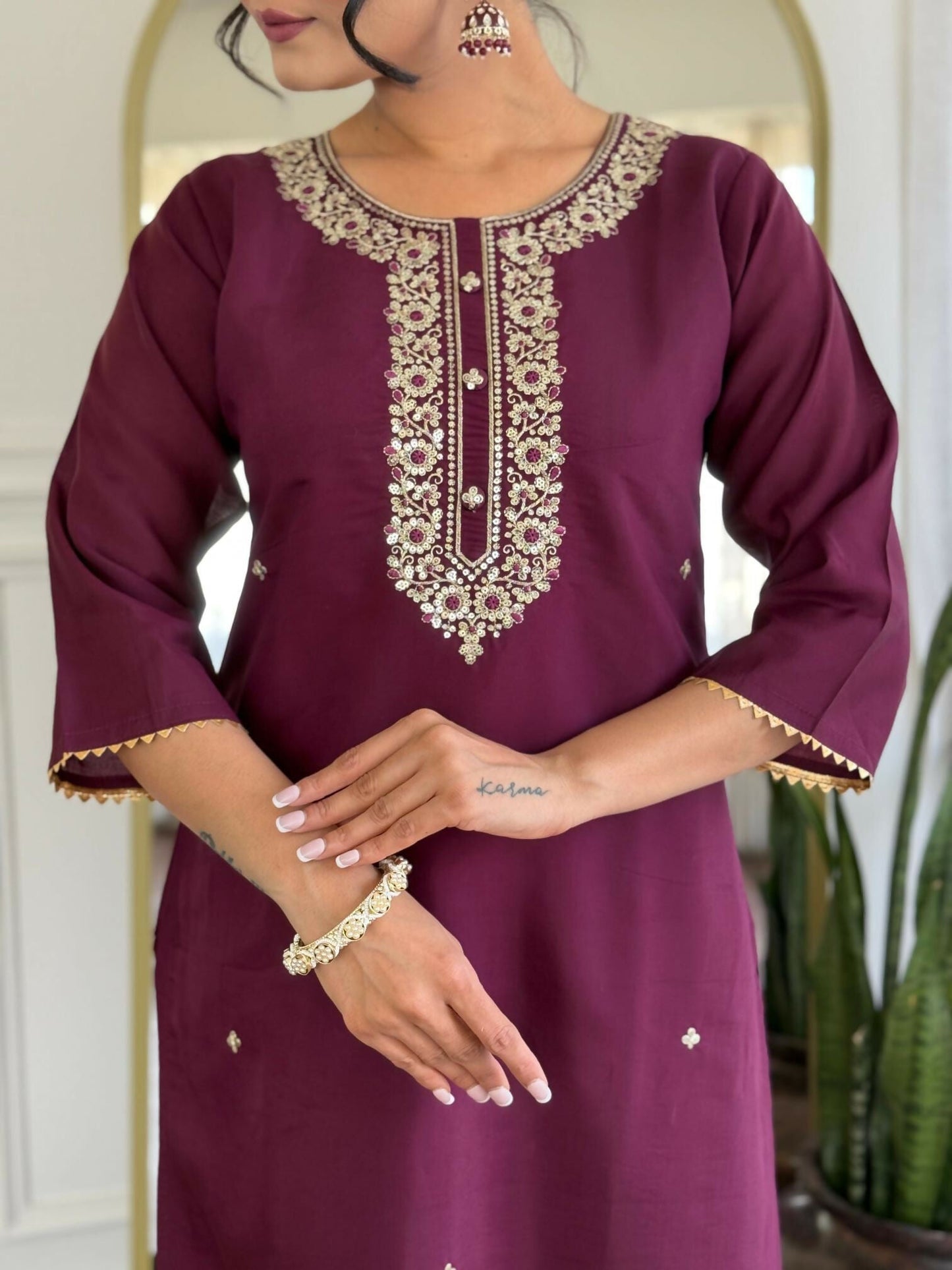 The52 Wine Women's Gorgeous Rayon Fabric Embroidered Work Straight Kurta Pant and Dupatta Set - Swadesiicart
