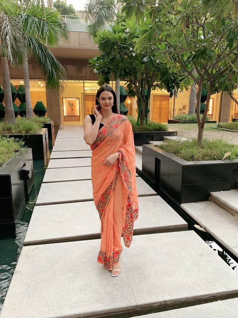 Vamsee Sandhya Orange Georgette Saree - Swadesiicart